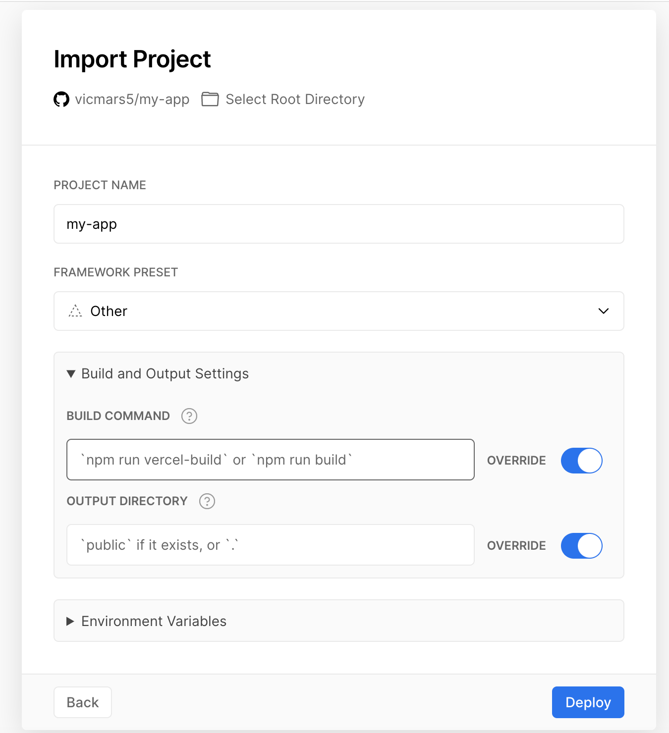 Configuración en plataforma de Vercel